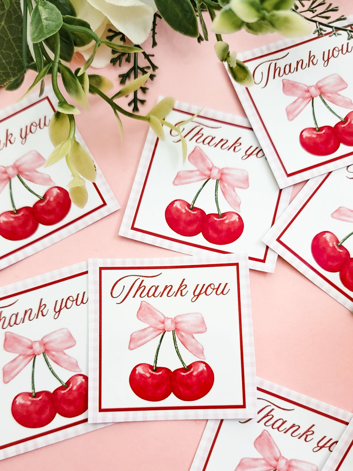 Thank you stickers. 'Cherry on top' birthday theme. Cherry Baby shower
