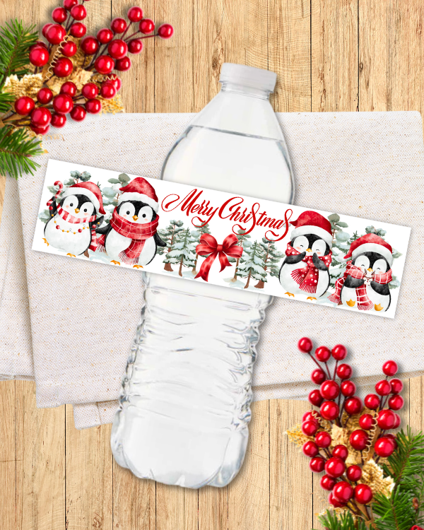 Christmas Penguins Water Bottle Labels
