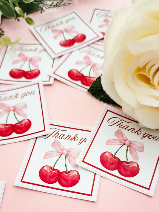 Cherry 'Thank you' stickers. Cherry on top themed party. Party favors sticker labels.