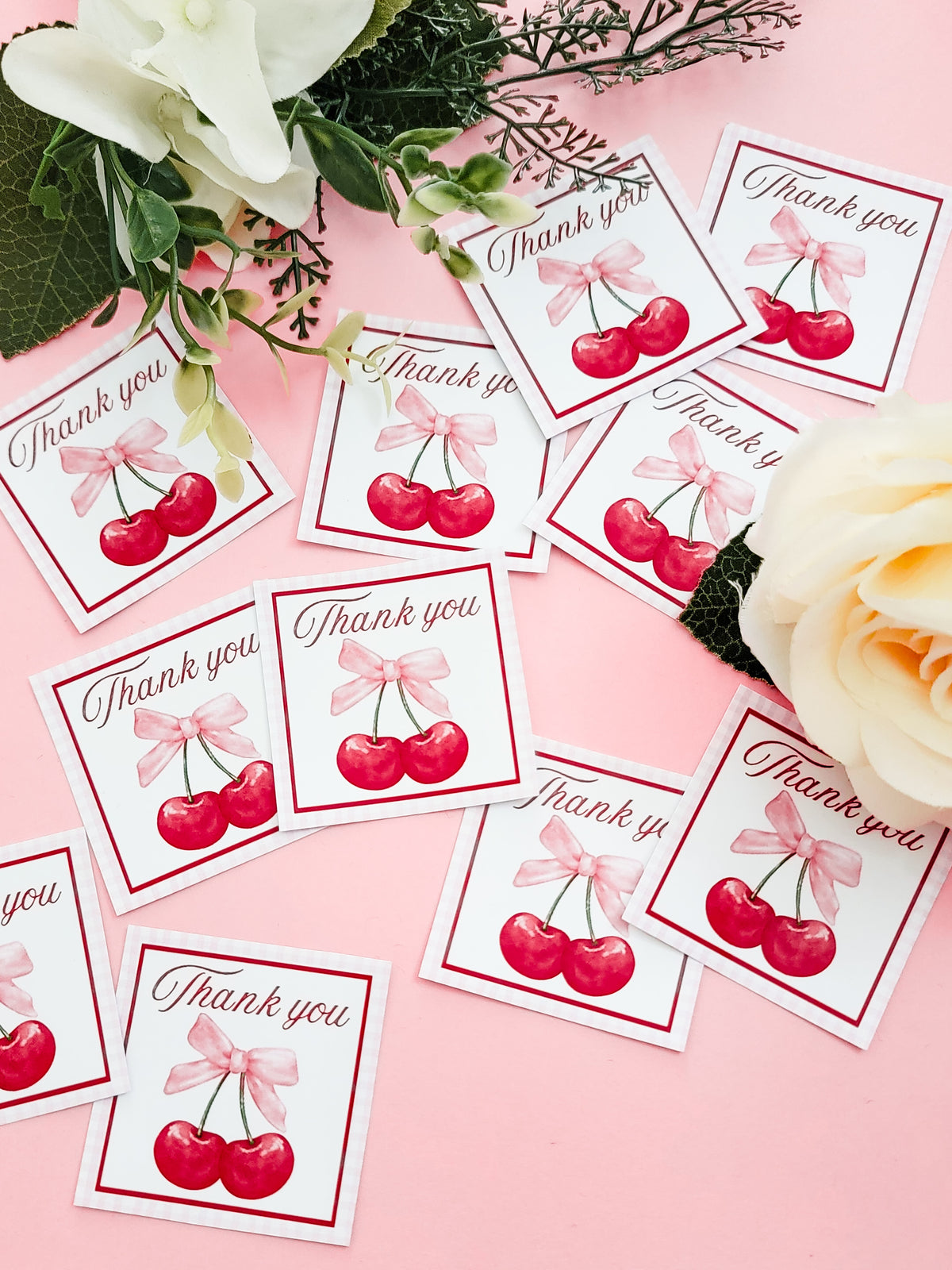Cherry baby shower and birthday stickers. Thank you tags. 