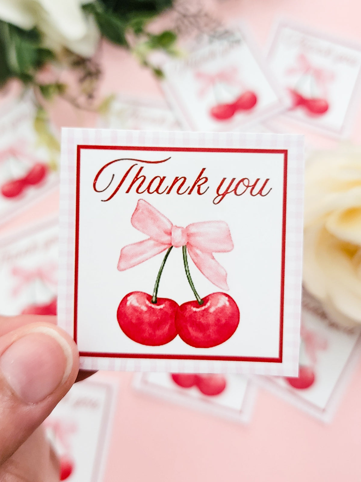 Cherry party sticker. Thank you label. reed and pink design