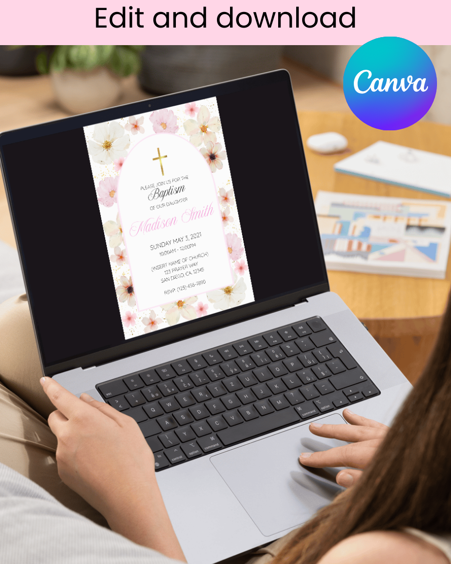 Pink Pressed Flowers Baptism Invitation - Digital Download