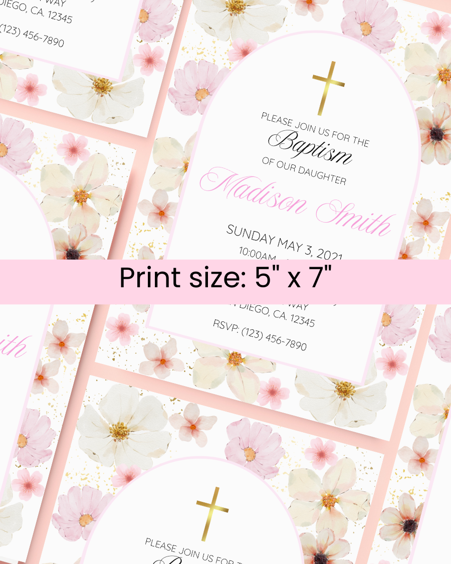 Pink Pressed Flowers Baptism Invitation - Digital Download