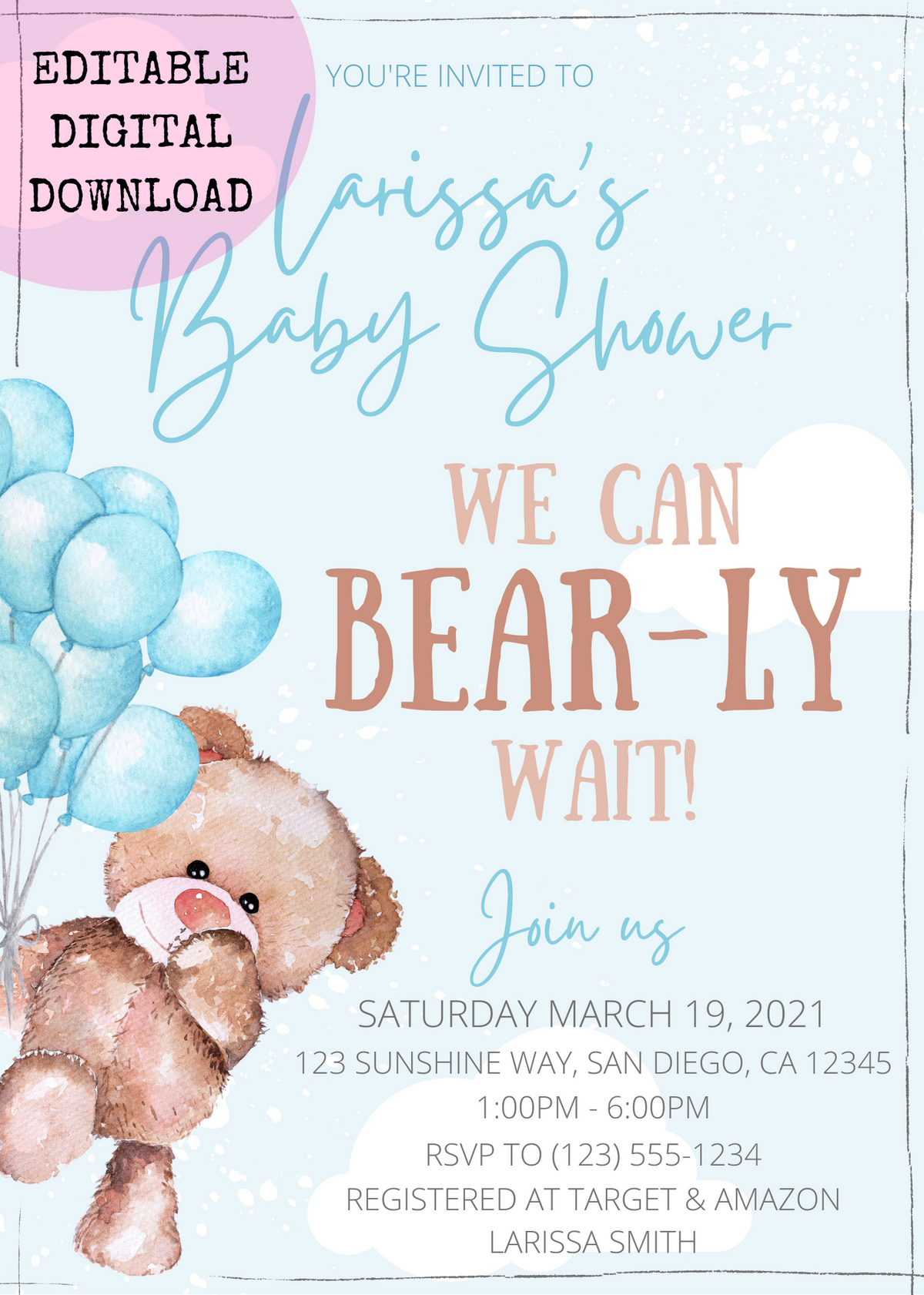 Blue Teddy Bear Digital Invitation
